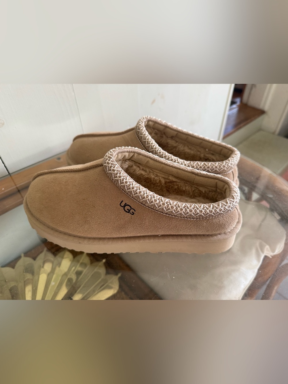 UGG Tasman Slippers Women’s Size 10 Sand Suede Sheepskin Cozy Slip On